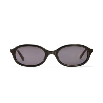 A pair of black oval sunglasses with smoke-coloured lenses, designed in a 90's revival style.