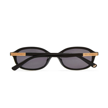 back shot of cupid sunglasses in gloss black folded. 