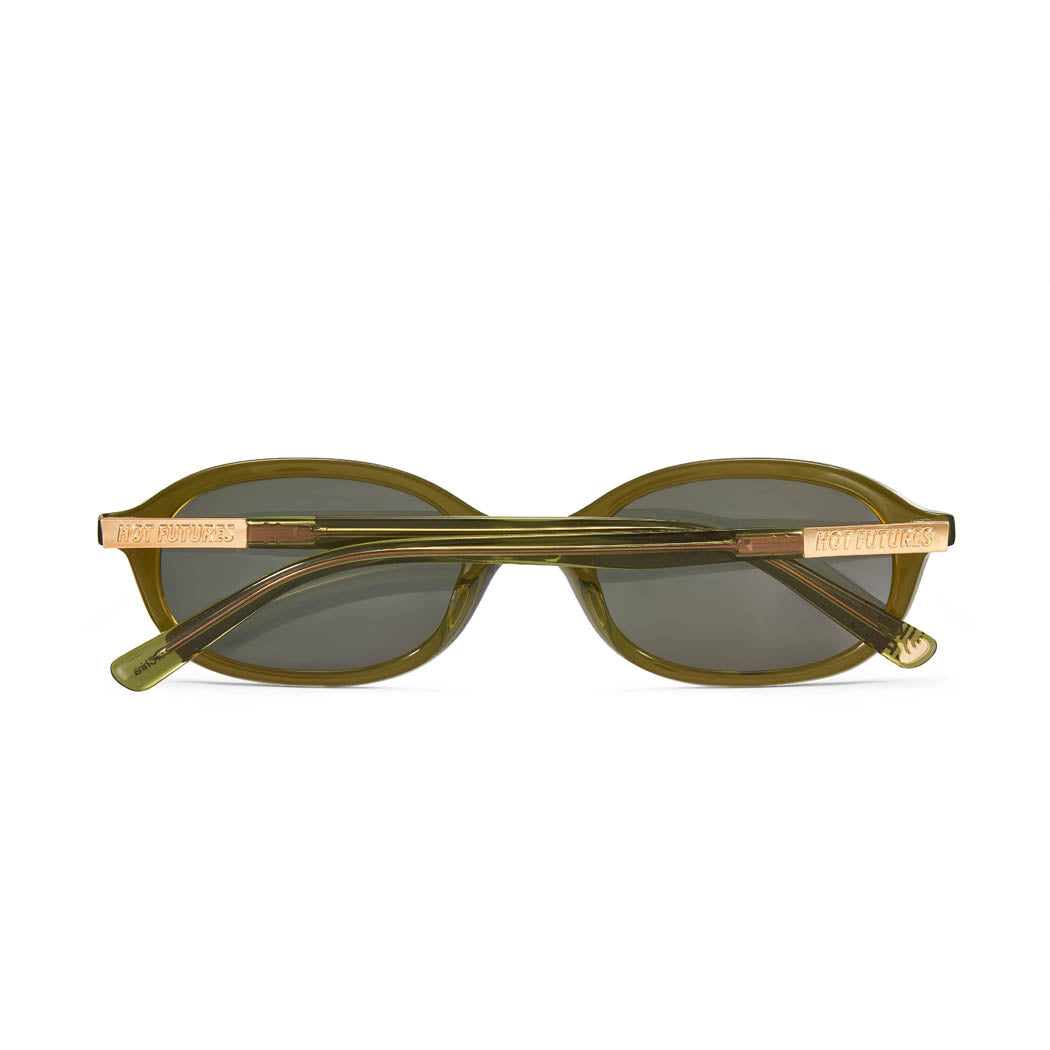 back shot of the Cupid dark green sunglasses folded with arms Hot Futures logo showing in gold. 