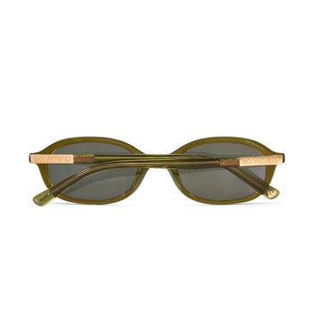 back shot of the Cupid dark green sunglasses folded with arms Hot Futures logo showing in gold. 