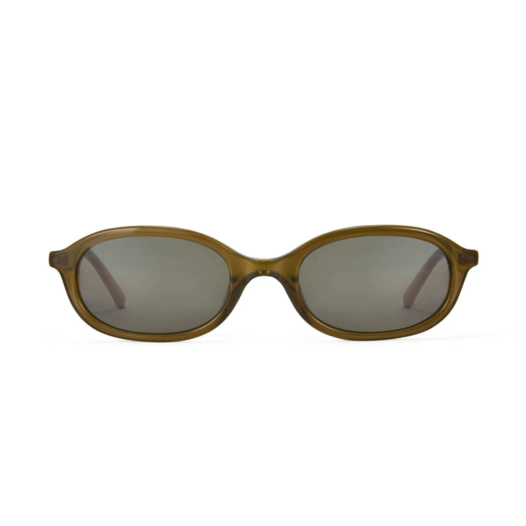 Olive green oval-shaped sunglasses with dark green lenses, displayed against a white background.