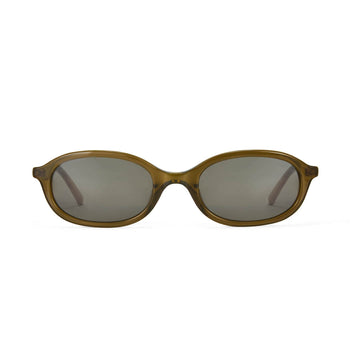 Olive green oval-shaped sunglasses with dark green lenses, displayed against a white background.