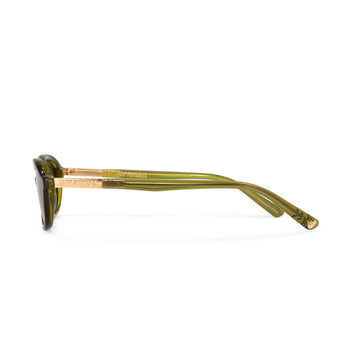 side shot of the Cupid Sunglasses in Dark Green with the Gold Hot Futures logo branding on the side and iconic gold frame logo at the end of the arm