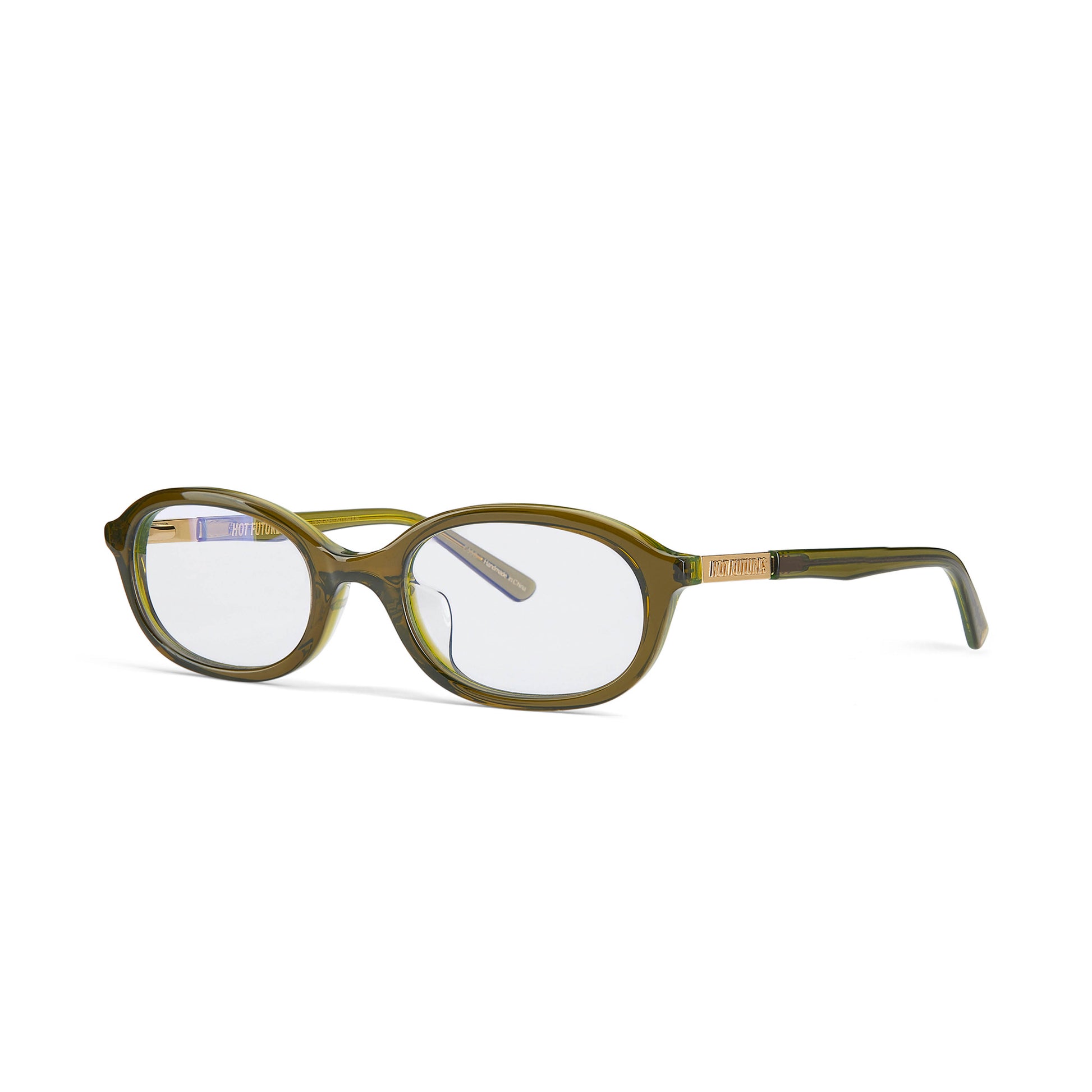cupid olive green frame clear optical glasses against a white background