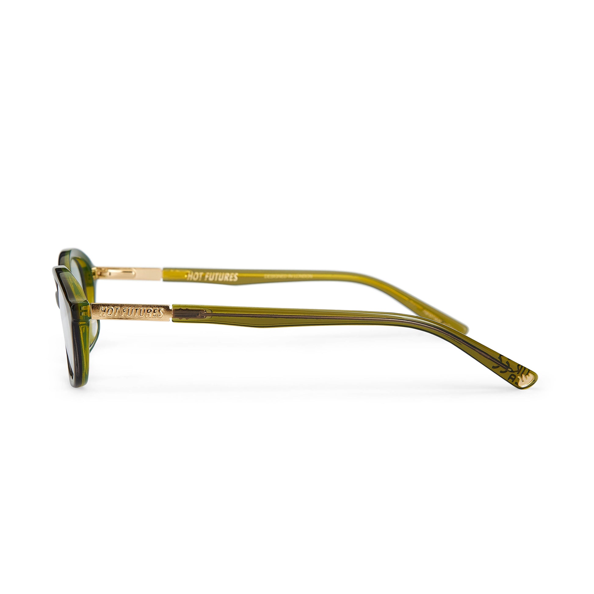 olive green prescription glasses shot from the side showing the gold Hot Futures branding