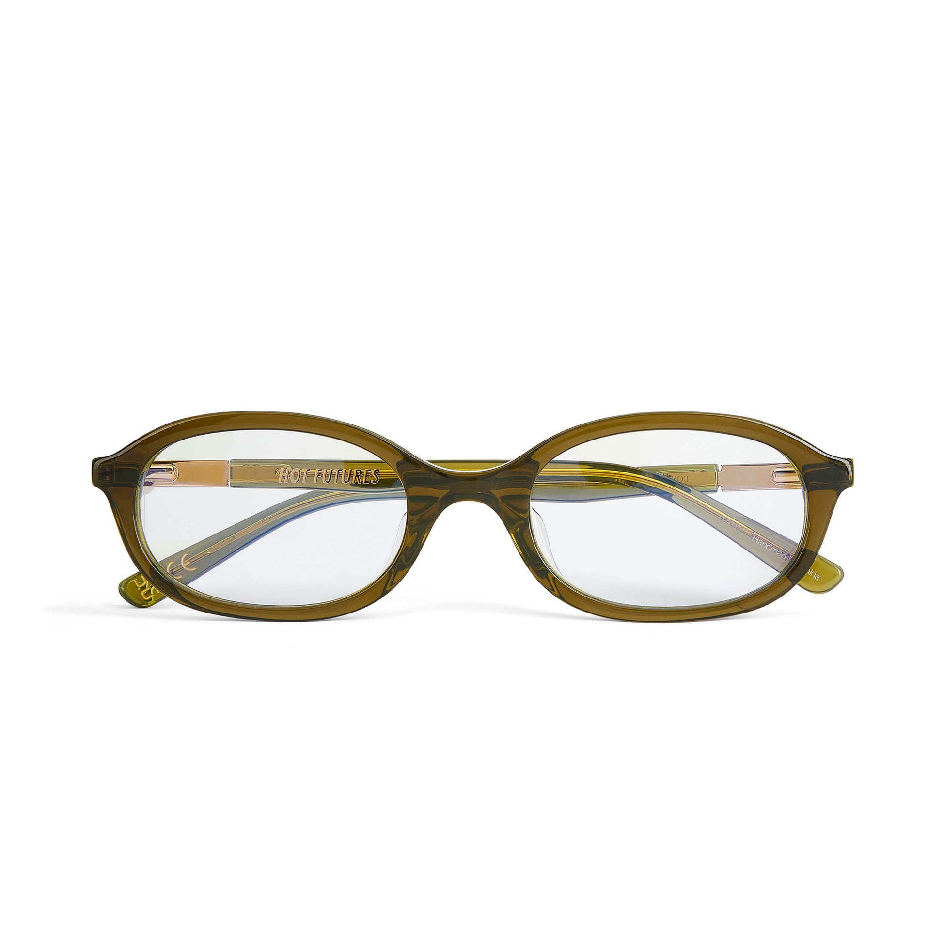 Olive Green Cupid eye glasses shot from the front folded against a white background