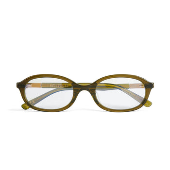 Olive Green Cupid eye glasses shot from the front folded against a white background