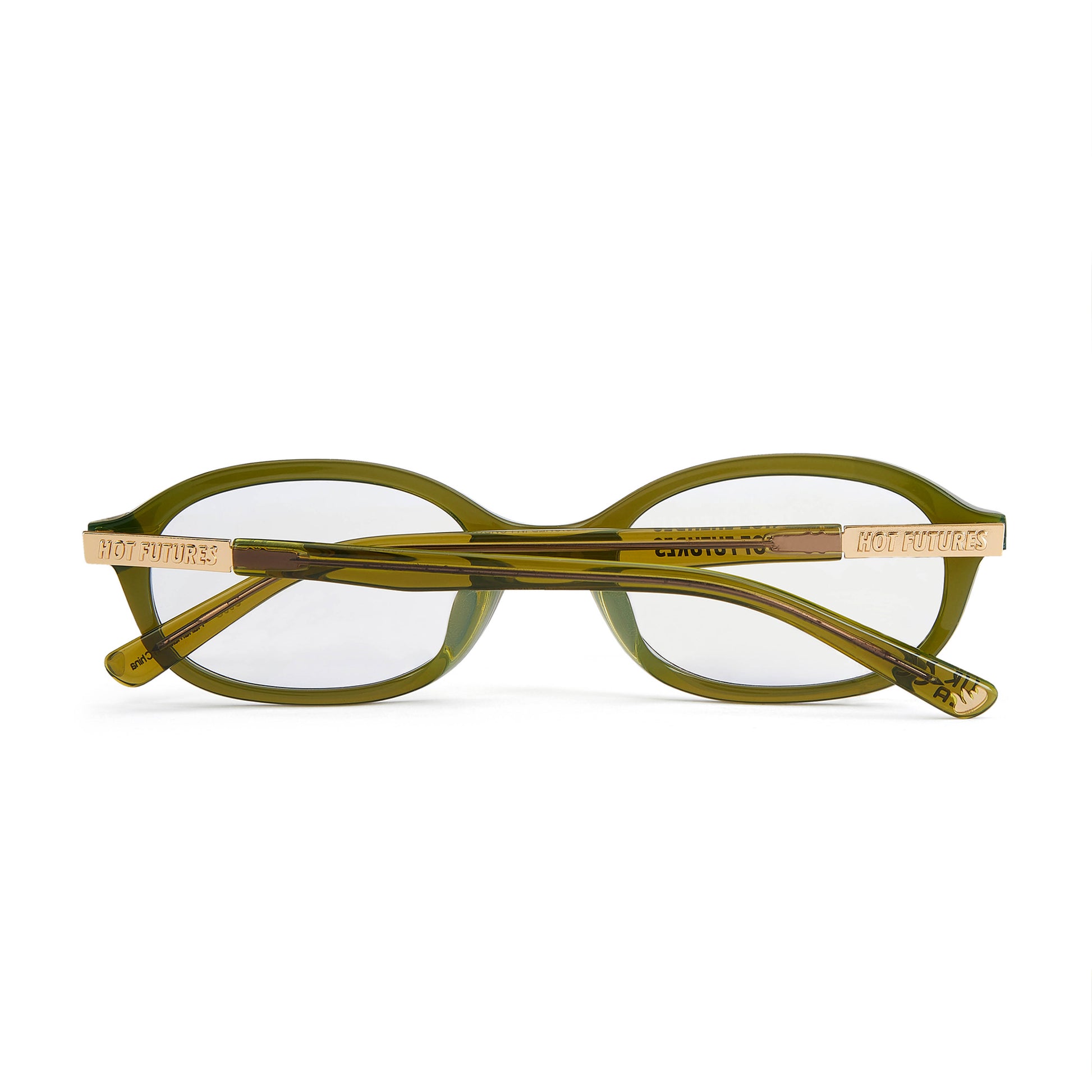 olive green optical glasses shot from the back folded. 