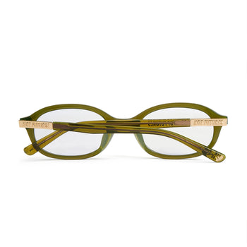 olive green optical glasses shot from the back folded. 