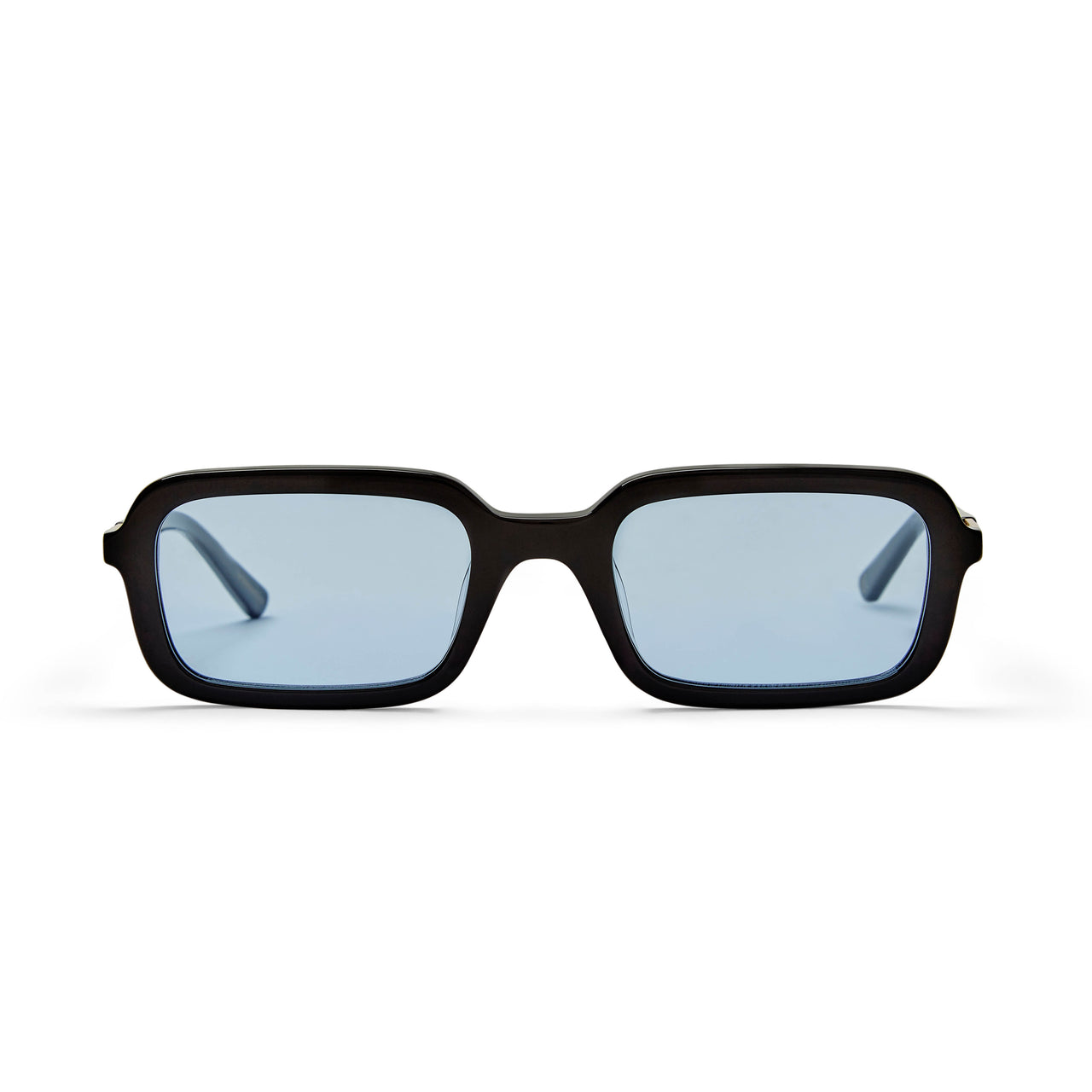 dazed gloss black frame sunglasses with the light blue clear lens