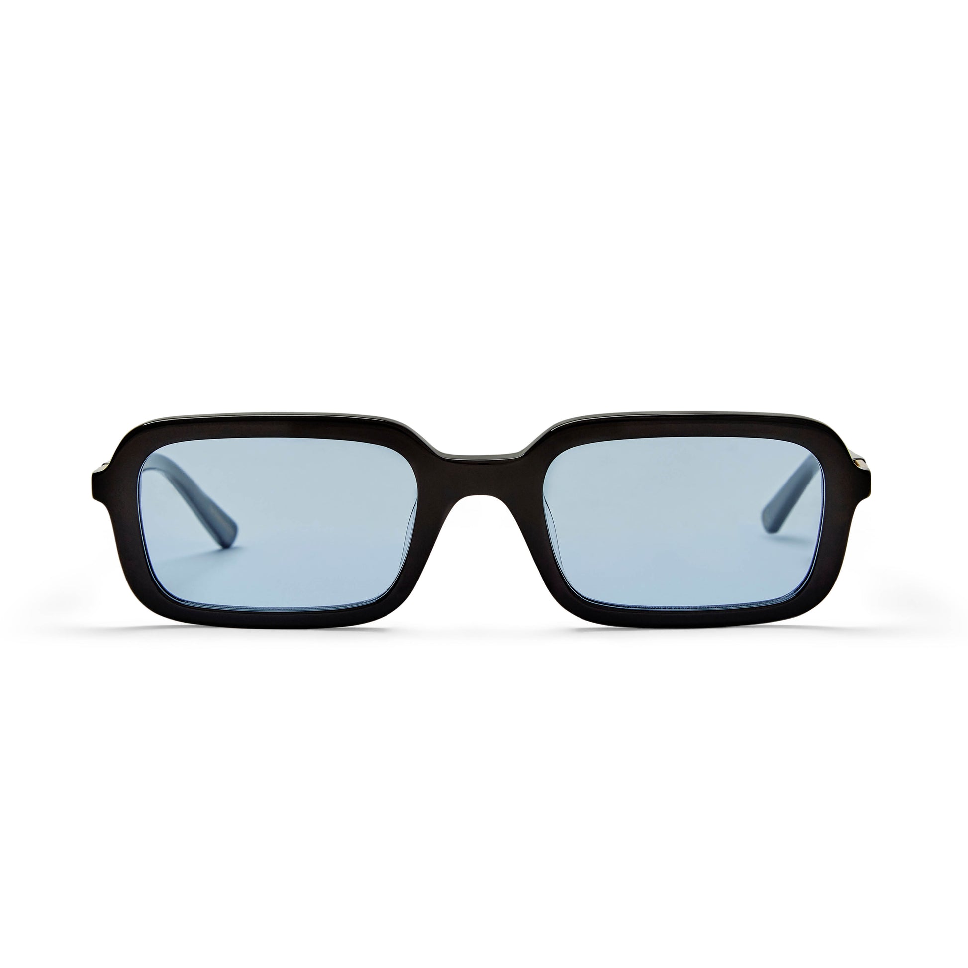 dazed gloss black frame sunglasses with the light blue clear lens