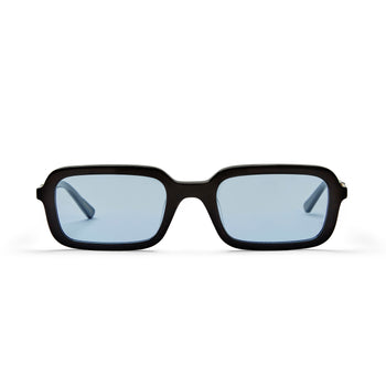 dazed gloss black frame sunglasses with the light blue clear lens