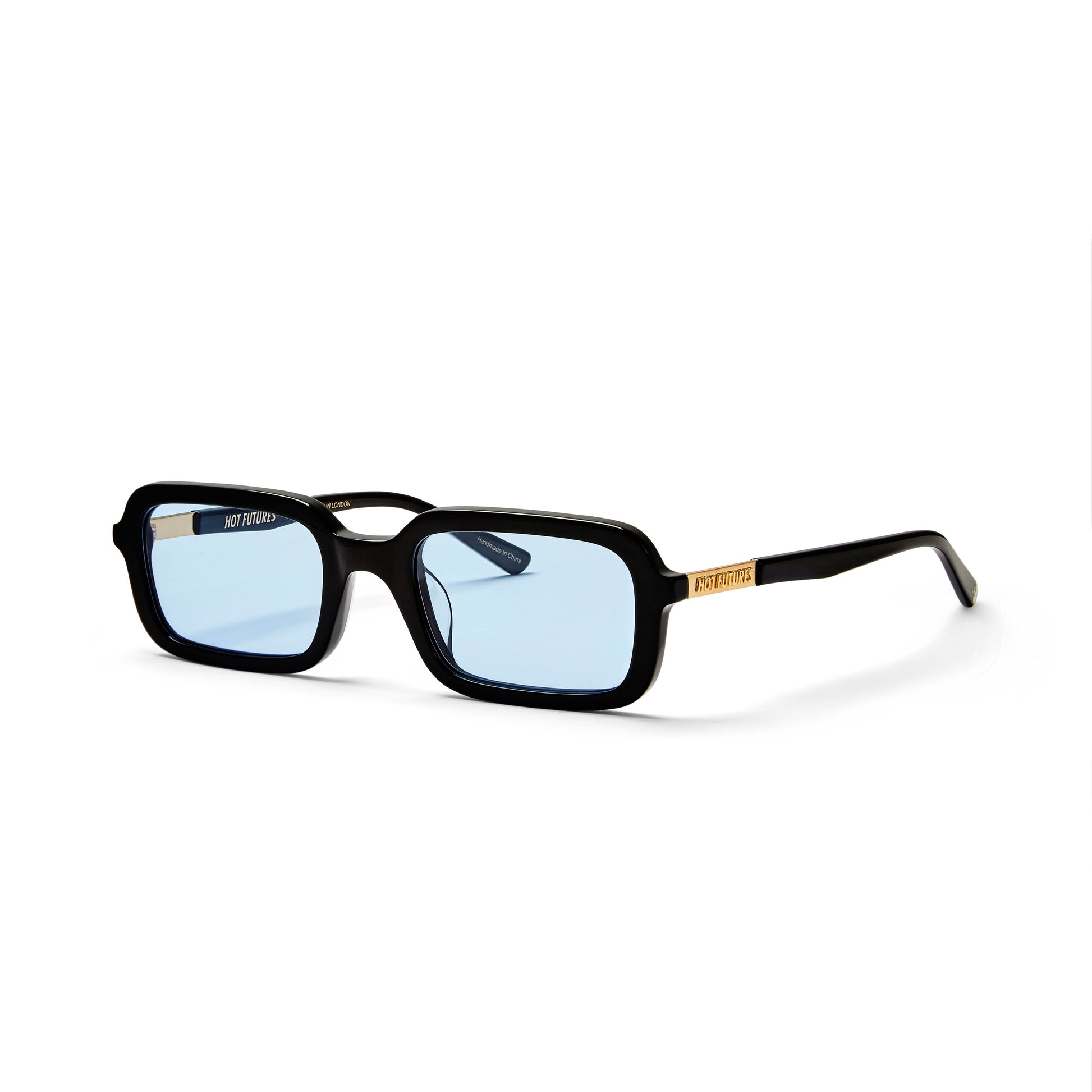dazed gloss black frame sunglasses with the light blue clear lens