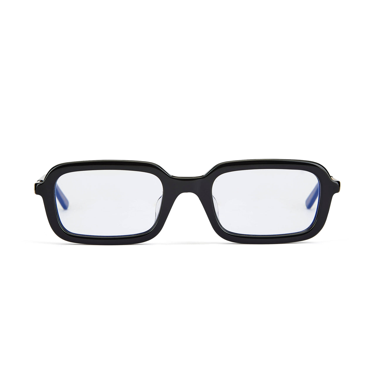 A pair of glossy black prescription glasses with clear lenses, featuring a Y2K inspired soft slim rectangle frame.