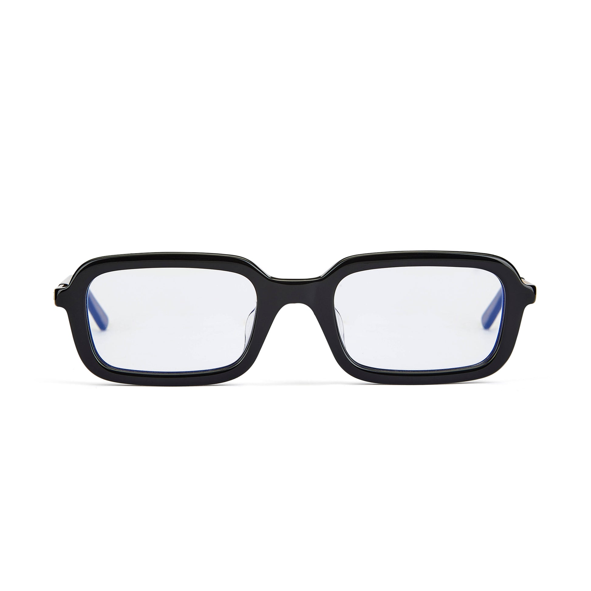 A pair of glossy black prescription glasses with clear lenses, featuring a Y2K inspired soft slim rectangle frame.