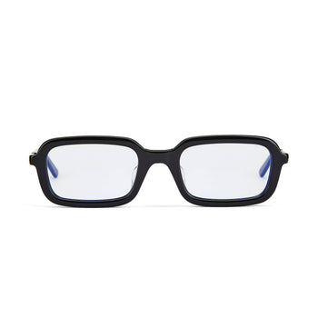 A pair of glossy black prescription glasses with clear lenses, featuring a Y2K inspired soft slim rectangle frame.