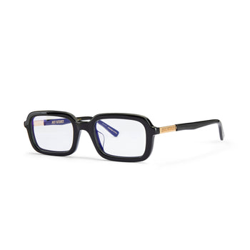 Dazed Gloss Black rectangular optical lasses shot from the side, with the gold Hot Futures branding shown on the arms