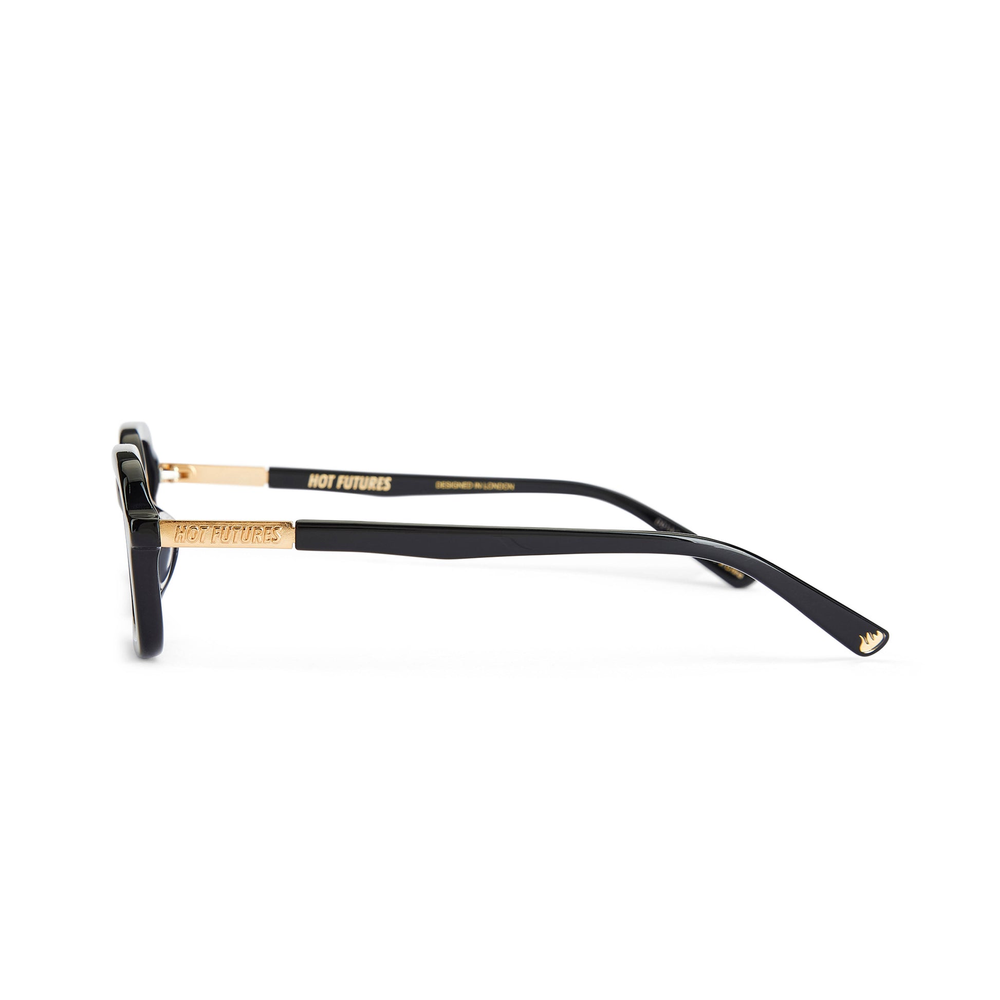 side shot of the Dazed Optical Glasses in gloss black, showing the Gold branding on the arms and the iconic Hot Futures gold flame on the end of one arm