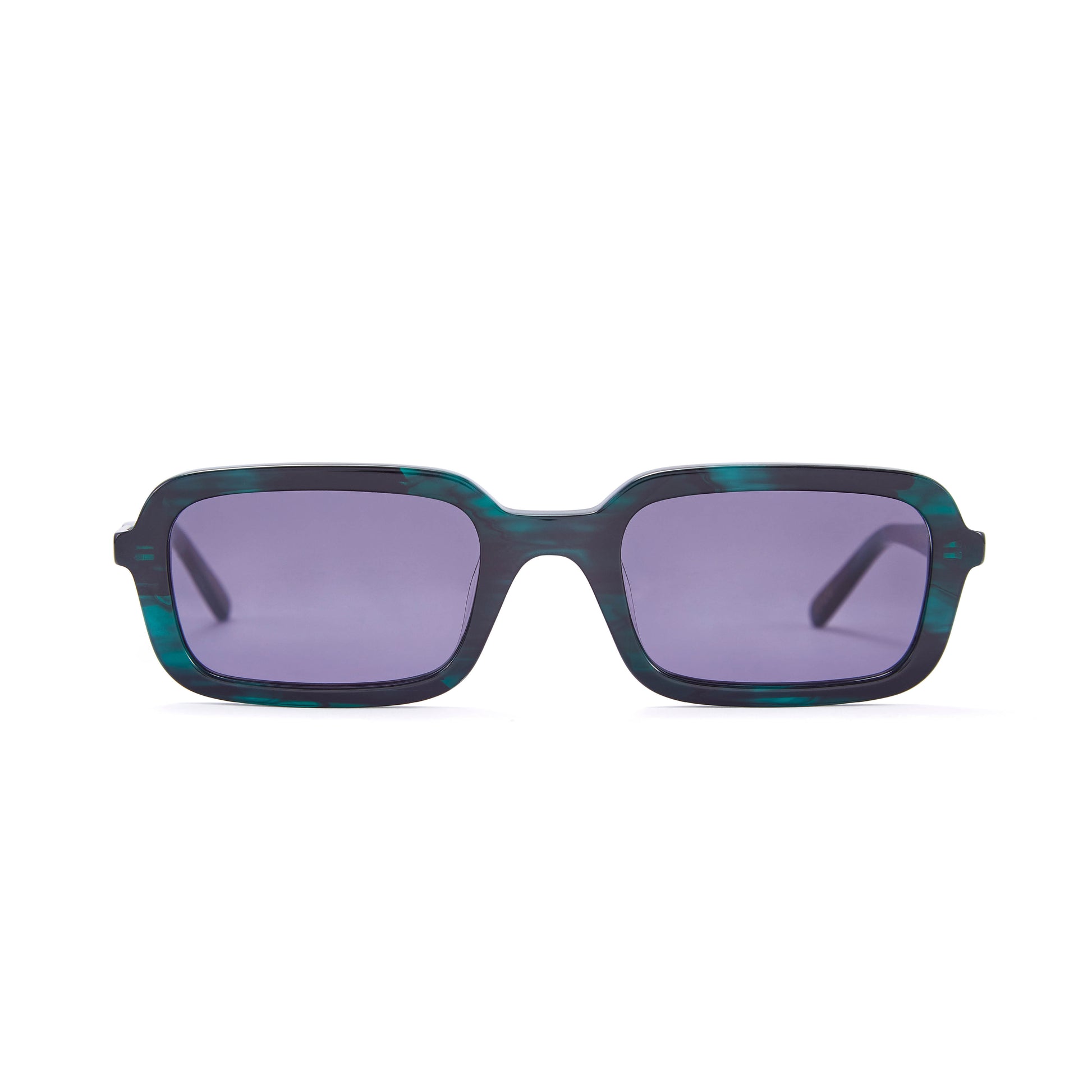 A pair of eco green crystal smoke tinted rectangular sunglasses with three barrel alloy hinges.