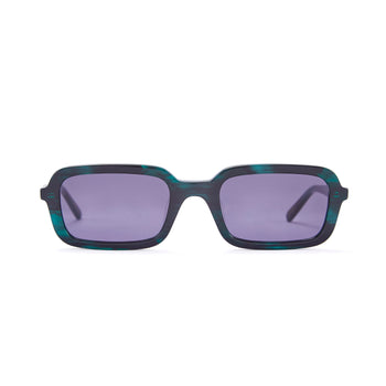A pair of eco green crystal smoke tinted rectangular sunglasses with three barrel alloy hinges.