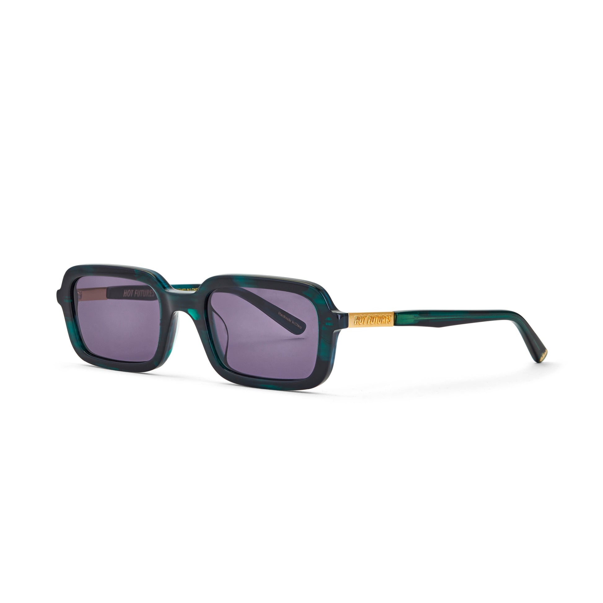 A pair of eco green crystal smoke tinted rectangular sunglasses with three barrel alloy hinges.