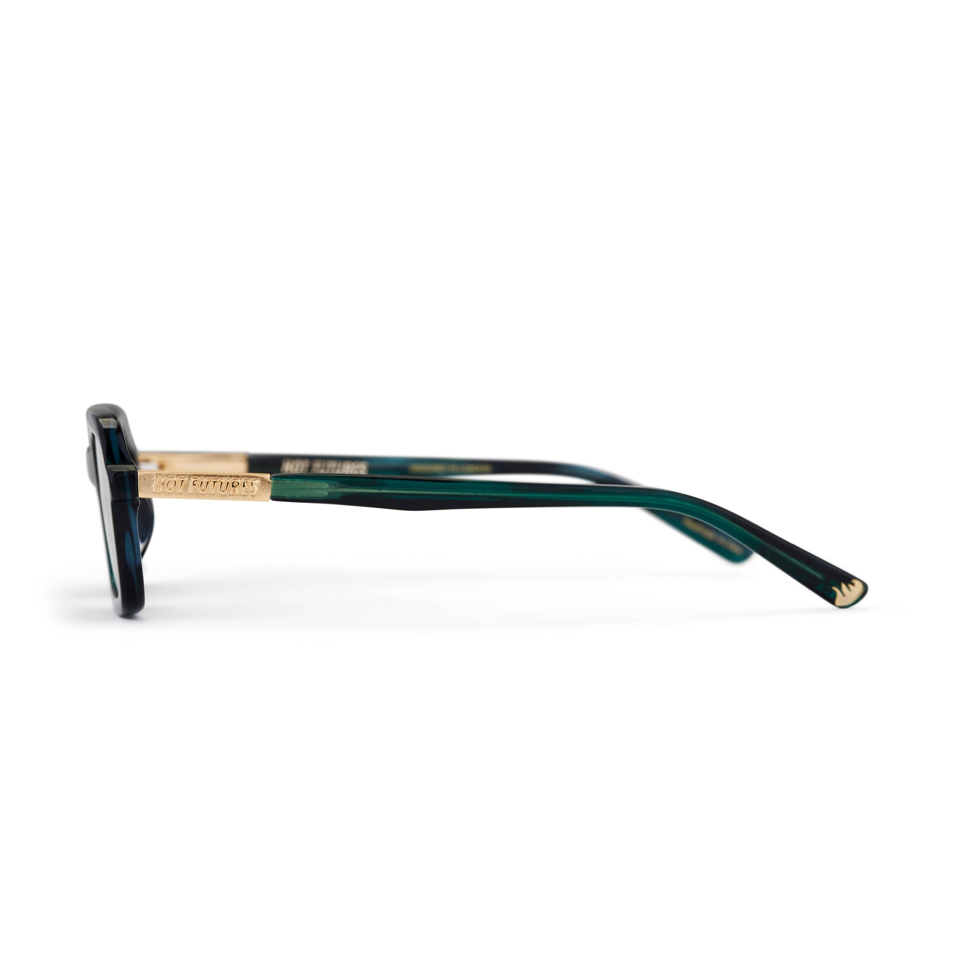 A pair of eco green crystal smoke tinted rectangular sunglasses shot from the side showing the gold Hot Futures text branding