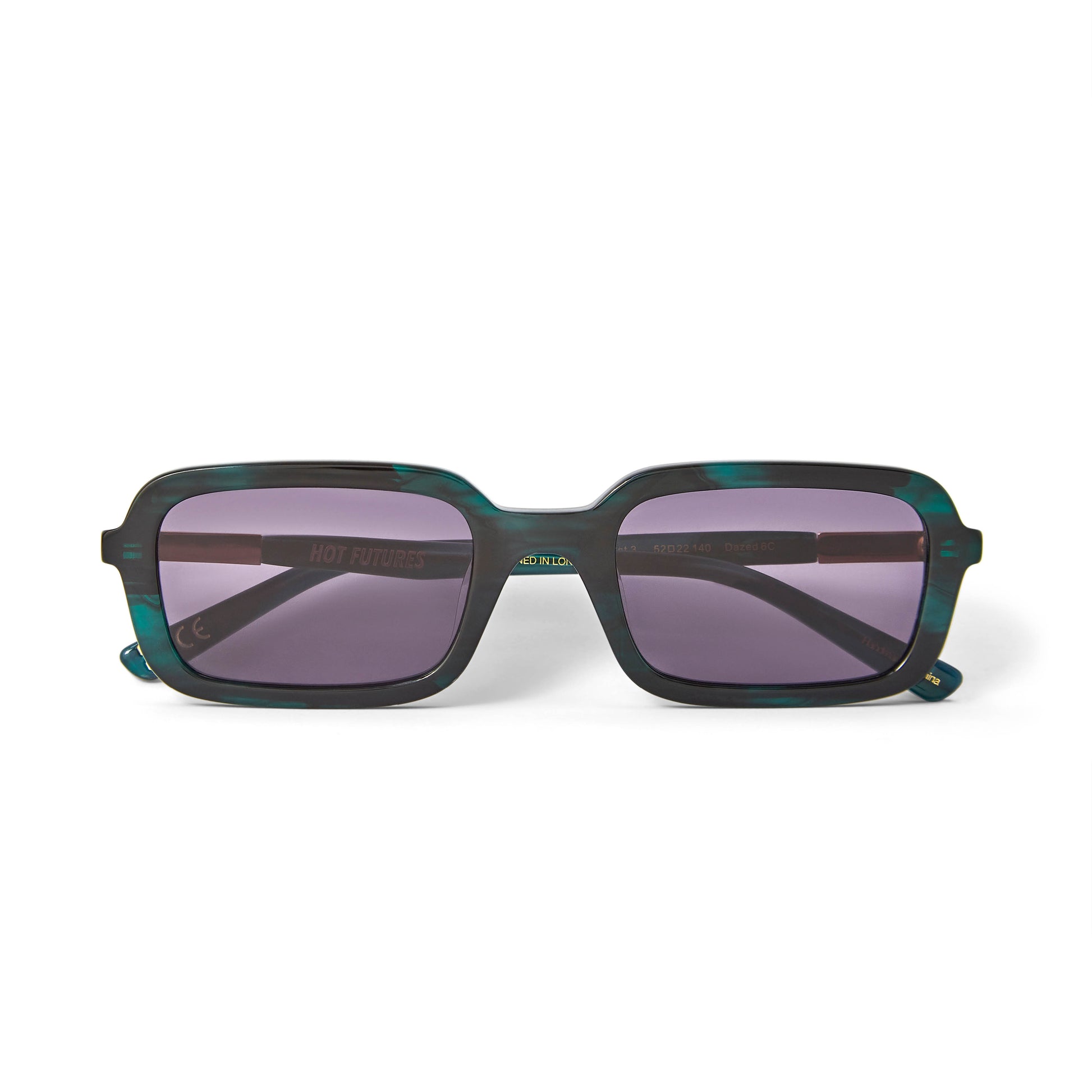 A pair of eco green crystal smoke tinted rectangular sunglasses shot from the front showing their shape and folded frames