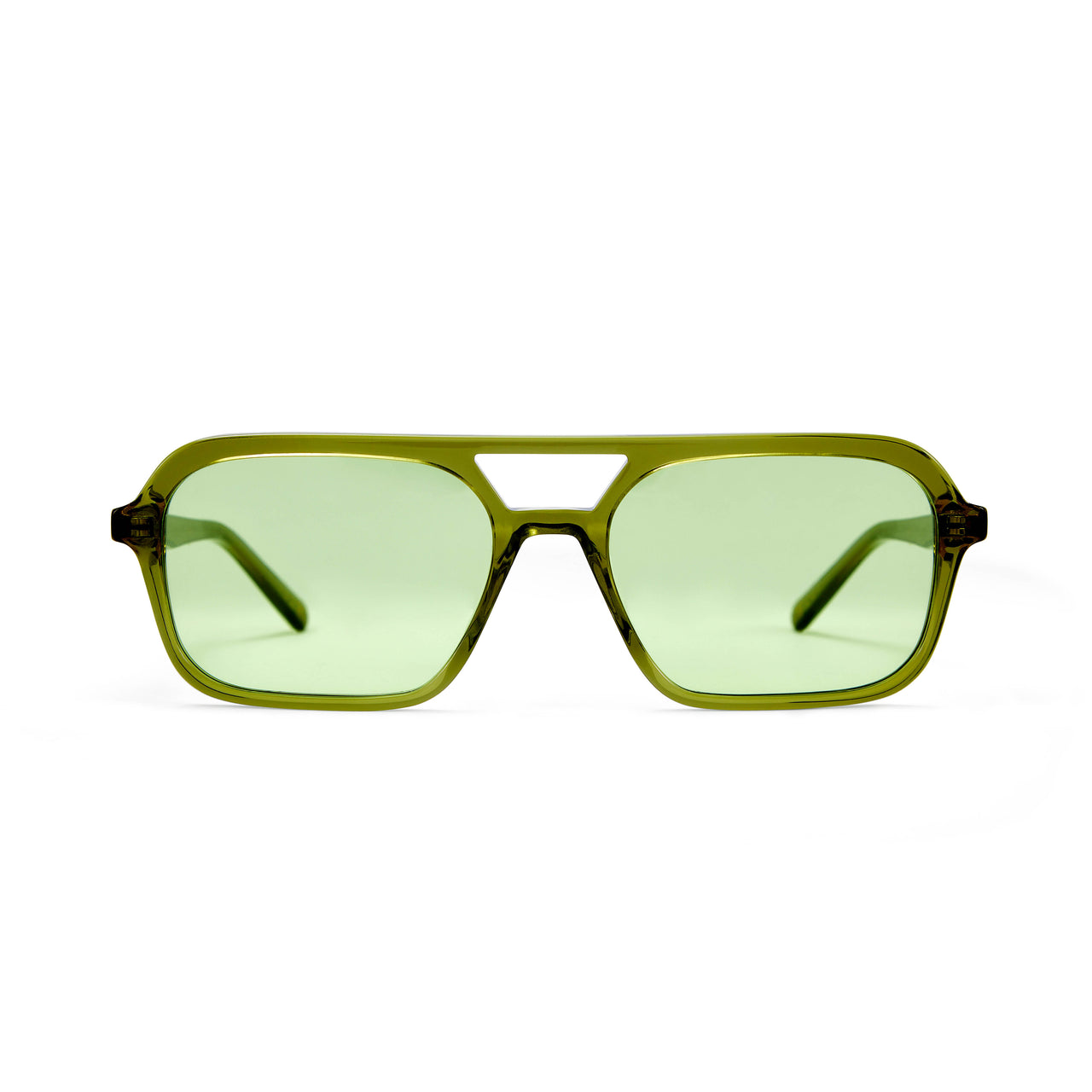 A pair of green tinted aviator sunglasses with an olive green frame. 