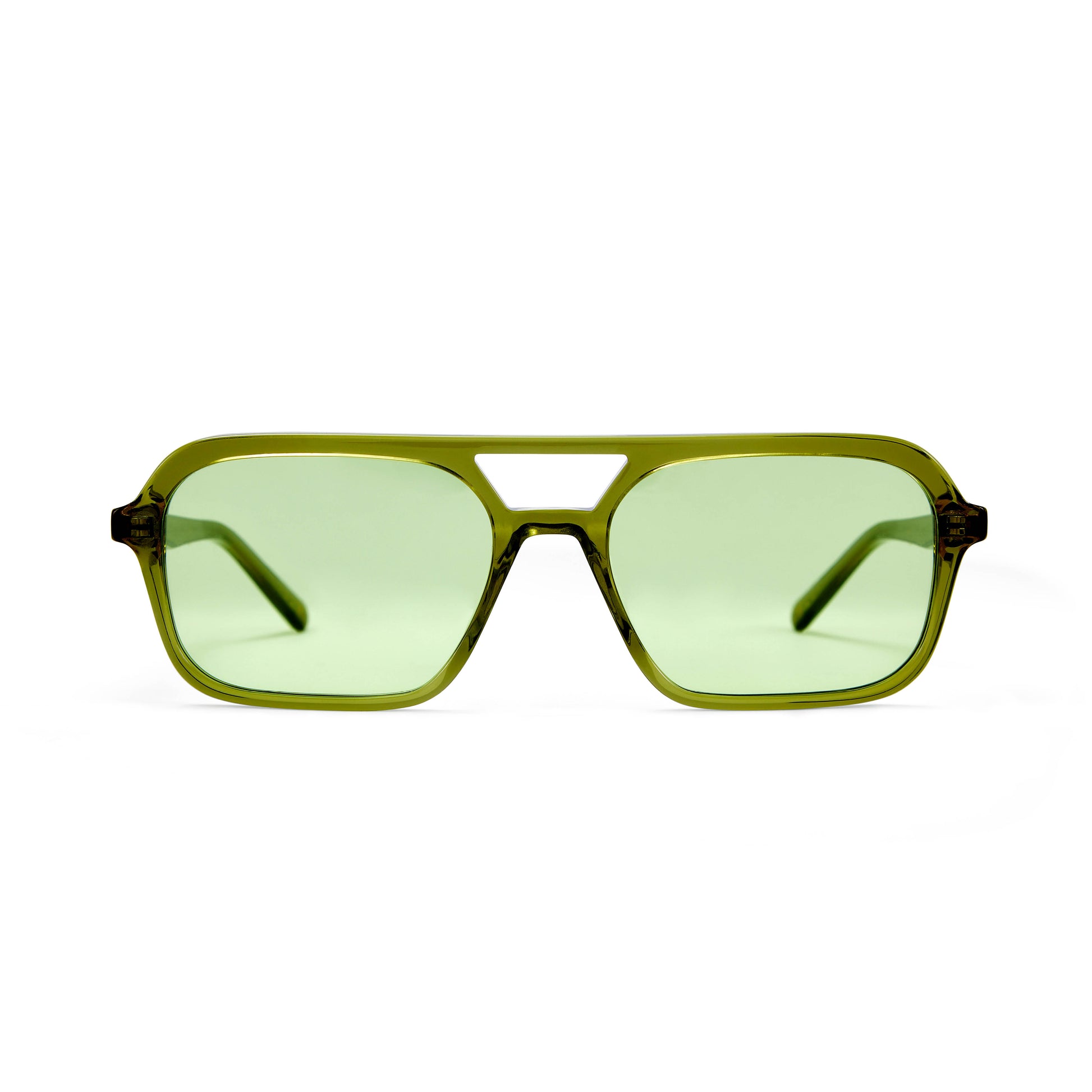 A pair of green tinted aviator sunglasses with an olive green frame. 