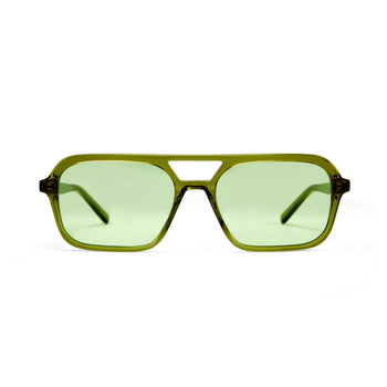 A pair of green tinted aviator sunglasses with an olive green frame. 