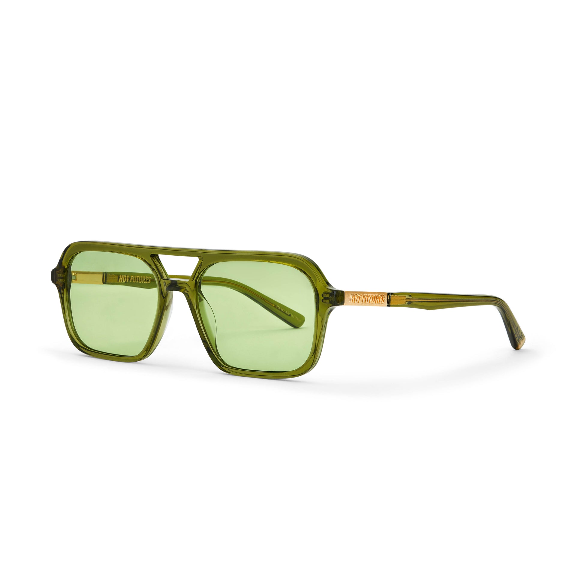 A pair of green tinted aviator sunglasses with an olive green frame. 