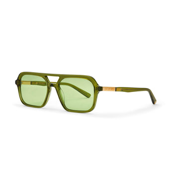 A pair of green tinted aviator sunglasses with an olive green frame. 