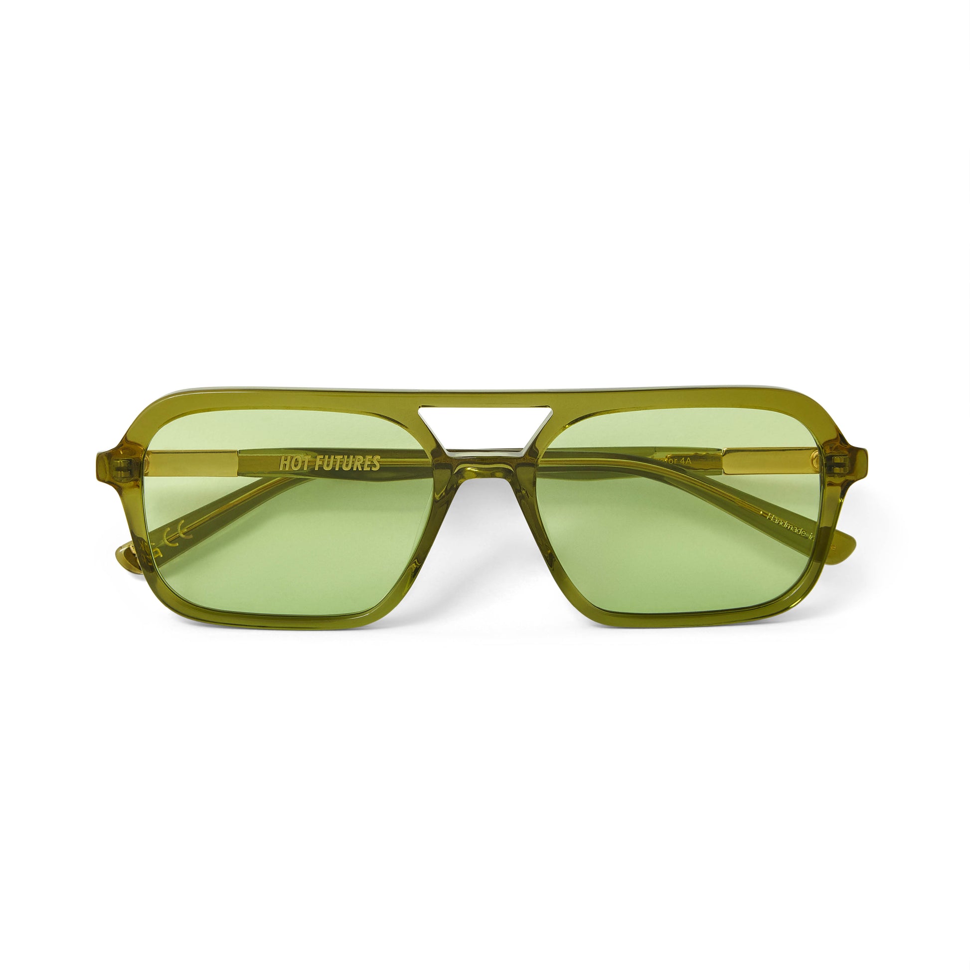 A pair of green tinted aviator sunglasses with an olive green frame. 