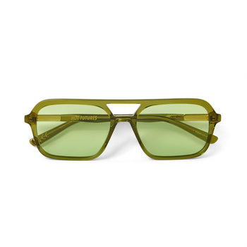 A pair of green tinted aviator sunglasses with an olive green frame. 