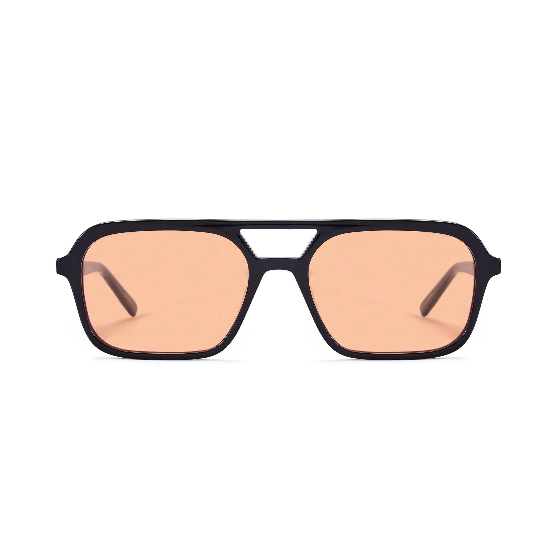 A pair of slim rectangular aviator sunglasses with a black frame and amber tinted lenses.