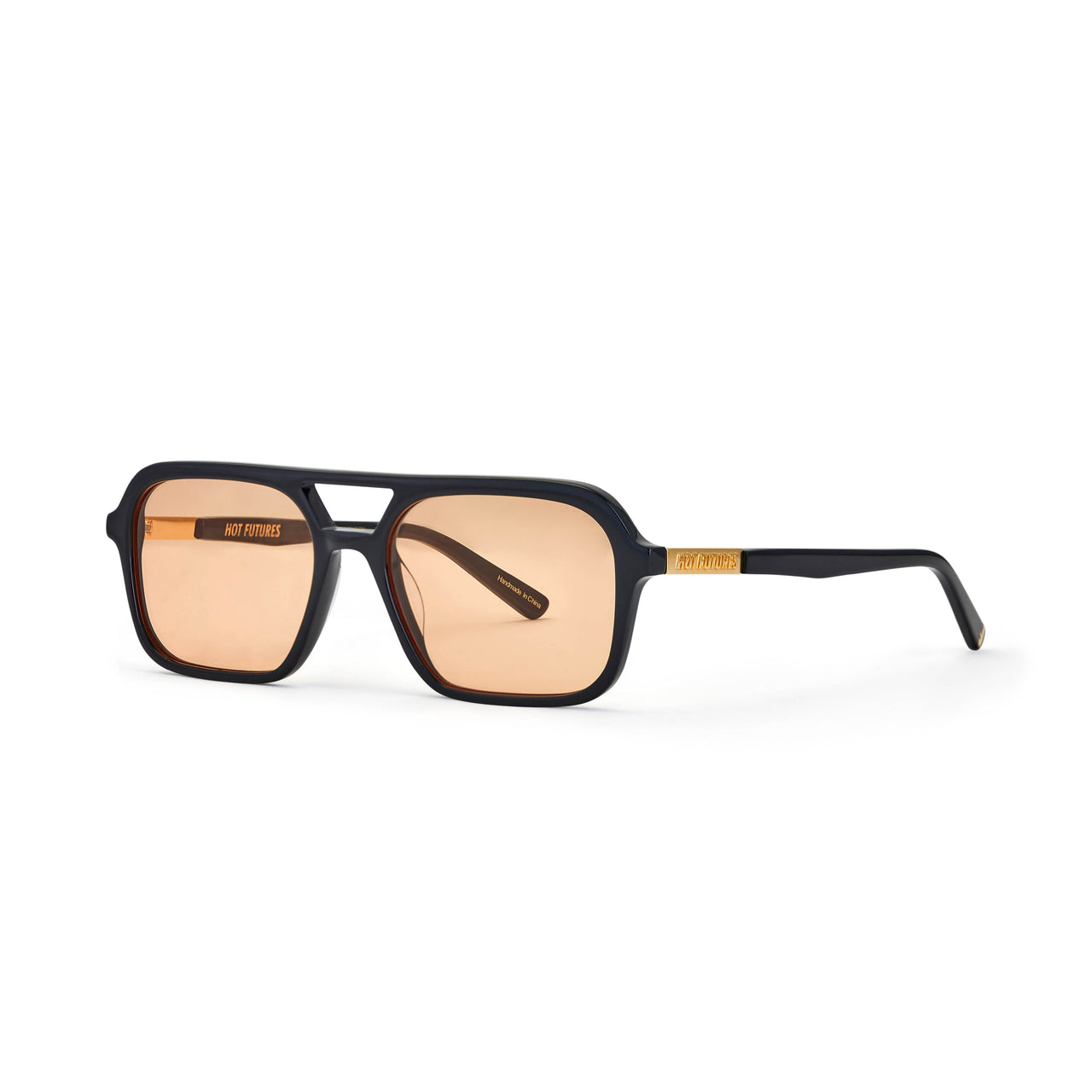 A pair of slim rectangular aviator sunglasses with a black frame and amber tinted lenses.