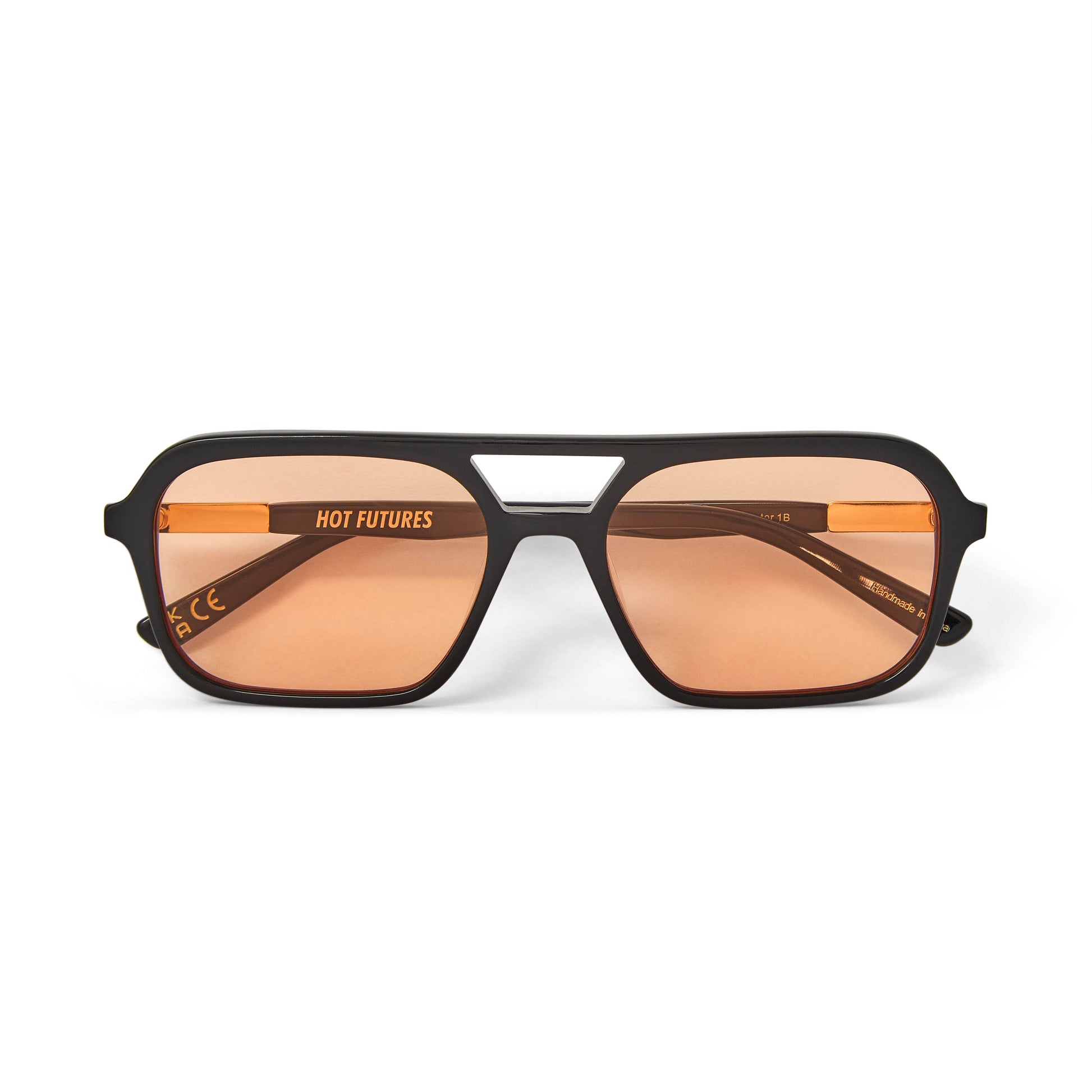 A pair of slim rectangular aviator sunglasses with a black frame and amber tinted lenses.