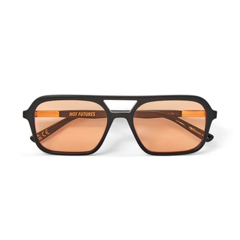 A pair of slim rectangular aviator sunglasses with a black frame and amber tinted lenses.