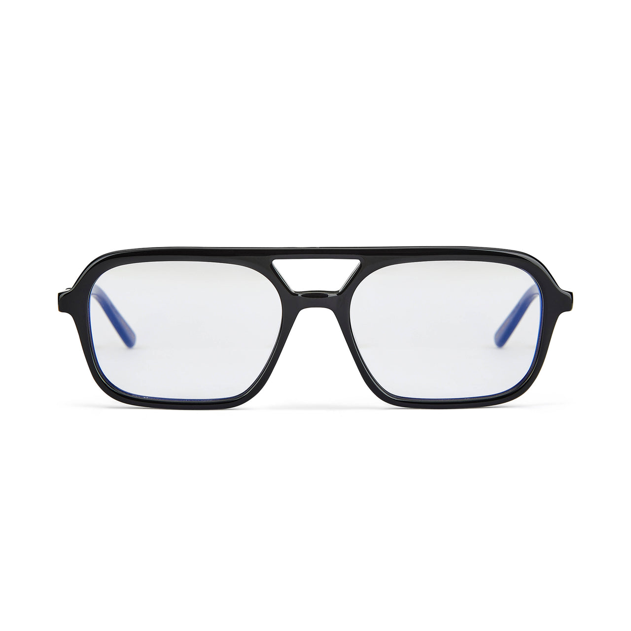 A pair of gloss black recycled acetate aviator sunglasses with clear lenses and blue accents on the arms.