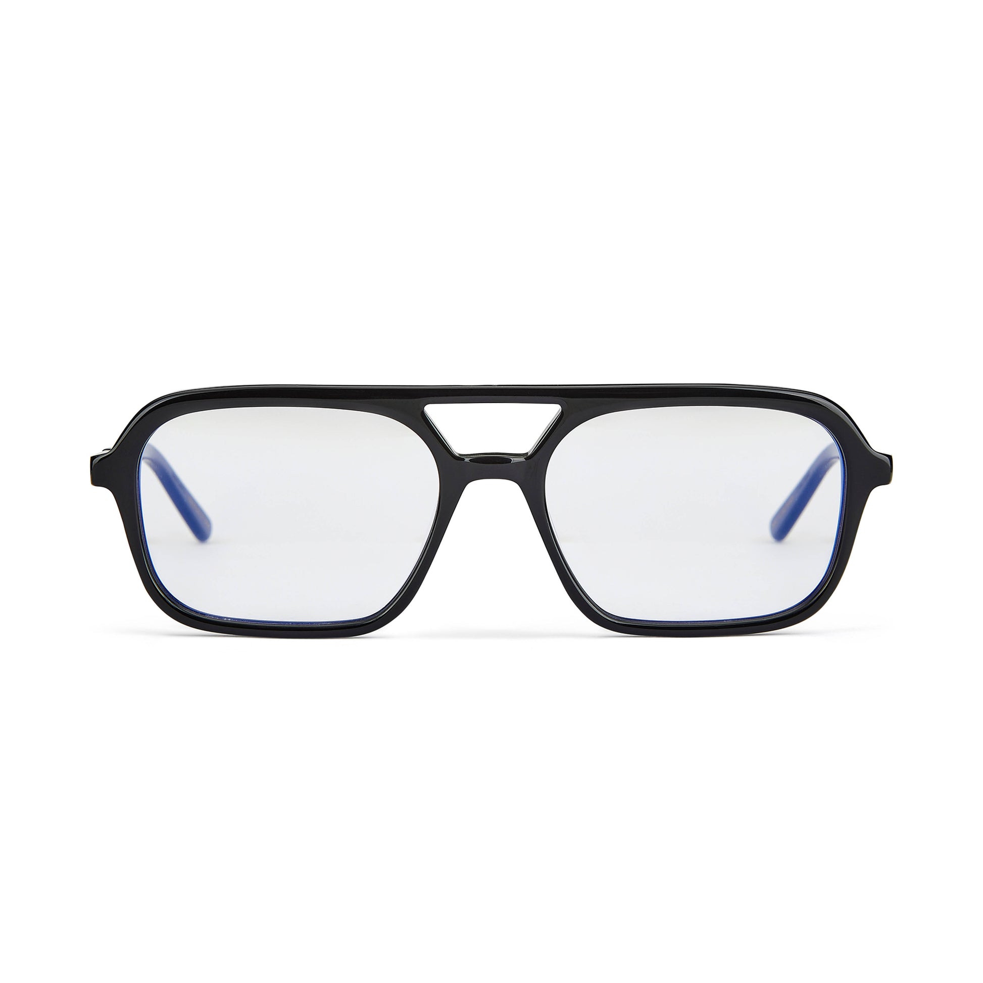 A pair of gloss black recycled acetate aviator sunglasses with clear lenses and blue accents on the arms.