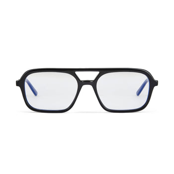 A pair of gloss black recycled acetate aviator sunglasses with clear lenses and blue accents on the arms.