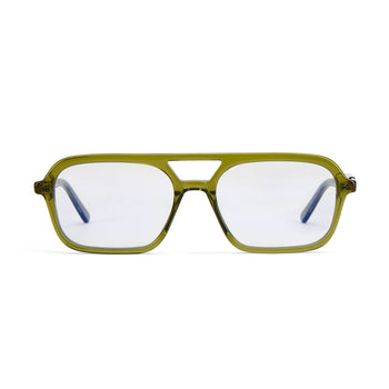 A pair of green rectangular full frame sunglasses with clear lenses and alloy hinges.