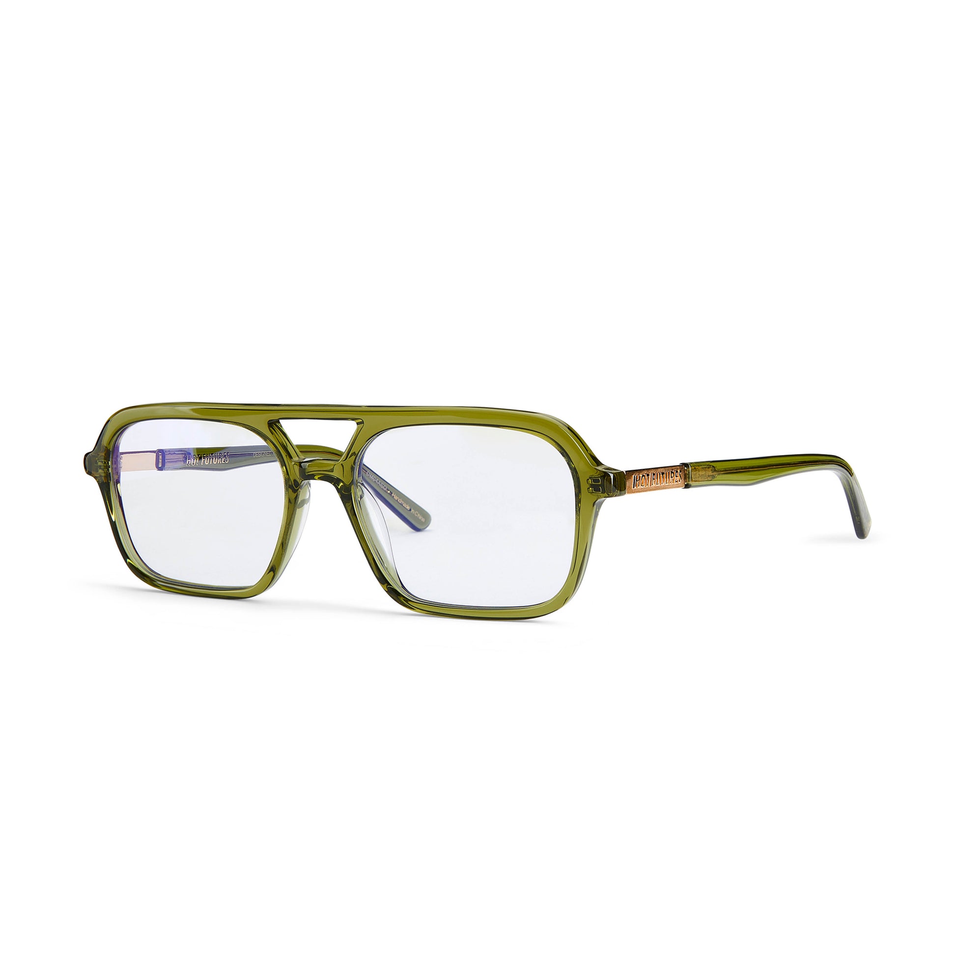 the Green Dime Optical Glasses by Hot Futures shown shot from the side with the gold Hot Futures branded text logo
