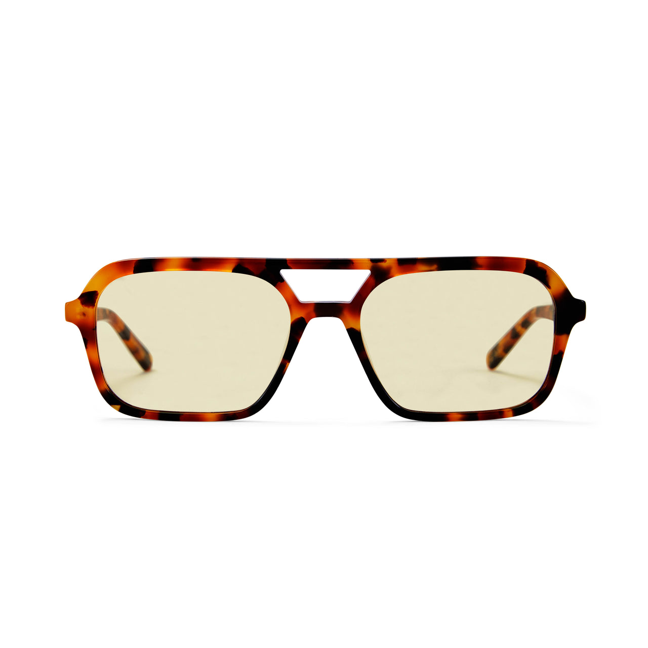 A pair of slim rectangular aviator sunglasses with a classic tortoiseshell pattern and gold tinted lenses.