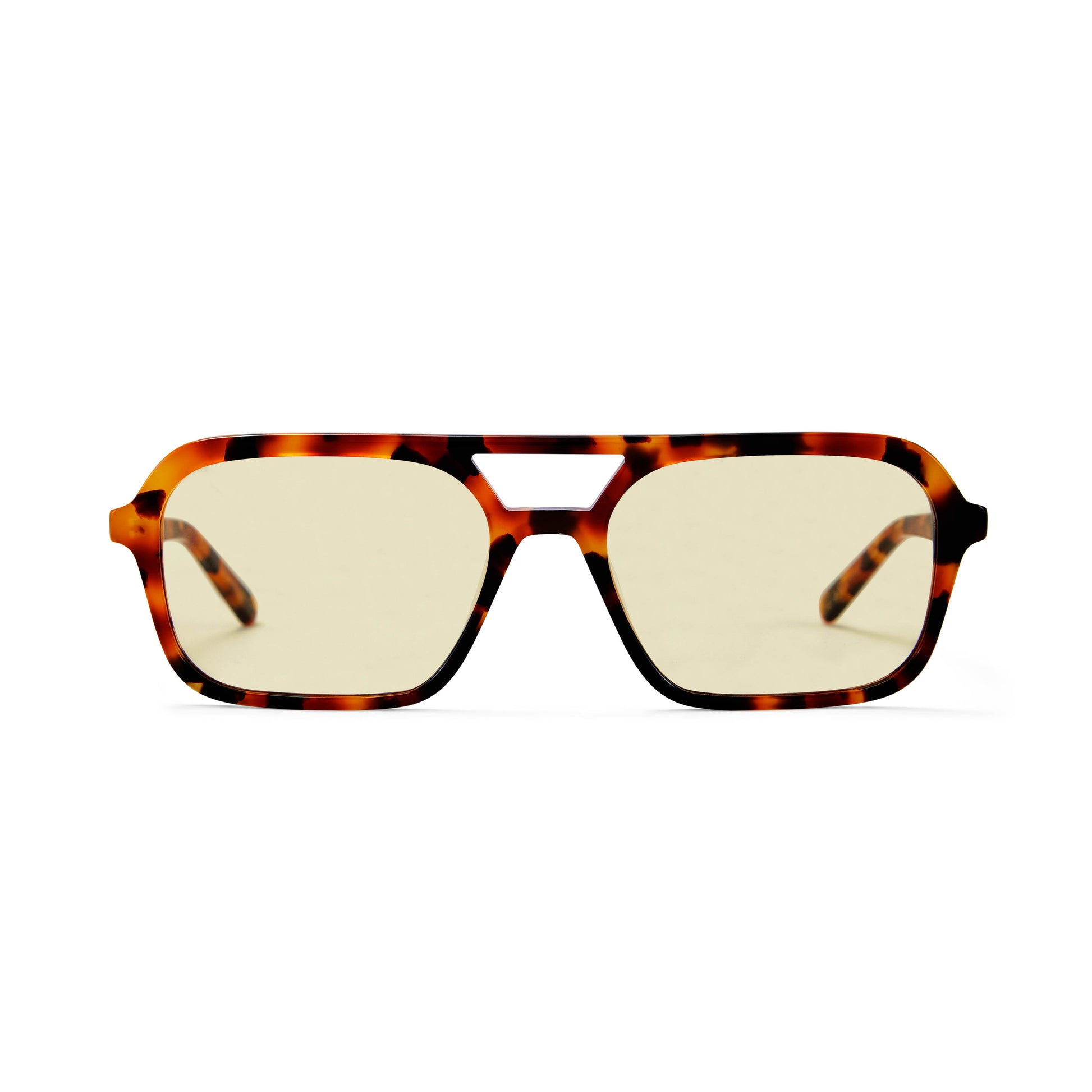 A pair of slim rectangular aviator sunglasses with a classic tortoiseshell pattern and gold tinted lenses.