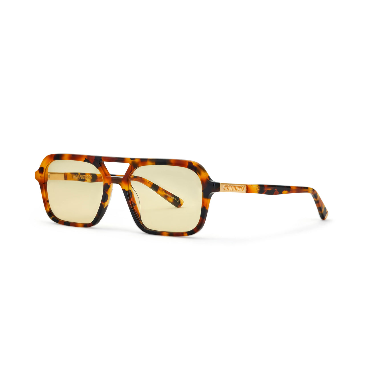 A pair of slim rectangular aviator sunglasses with a classic tortoiseshell pattern and gold tinted lenses.