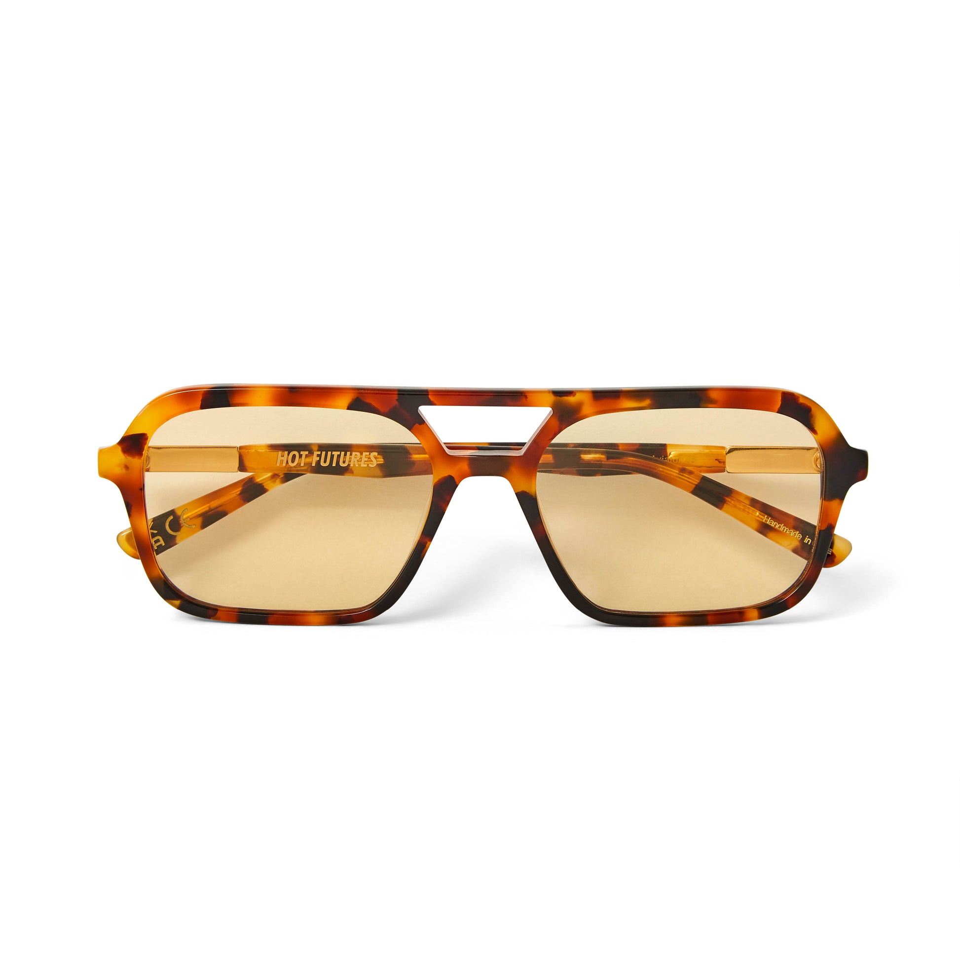 A pair of slim rectangular aviator sunglasses with a classic tortoiseshell pattern and gold tinted lenses.
