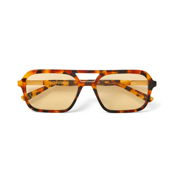A pair of slim rectangular aviator sunglasses with a classic tortoiseshell pattern and gold tinted lenses.