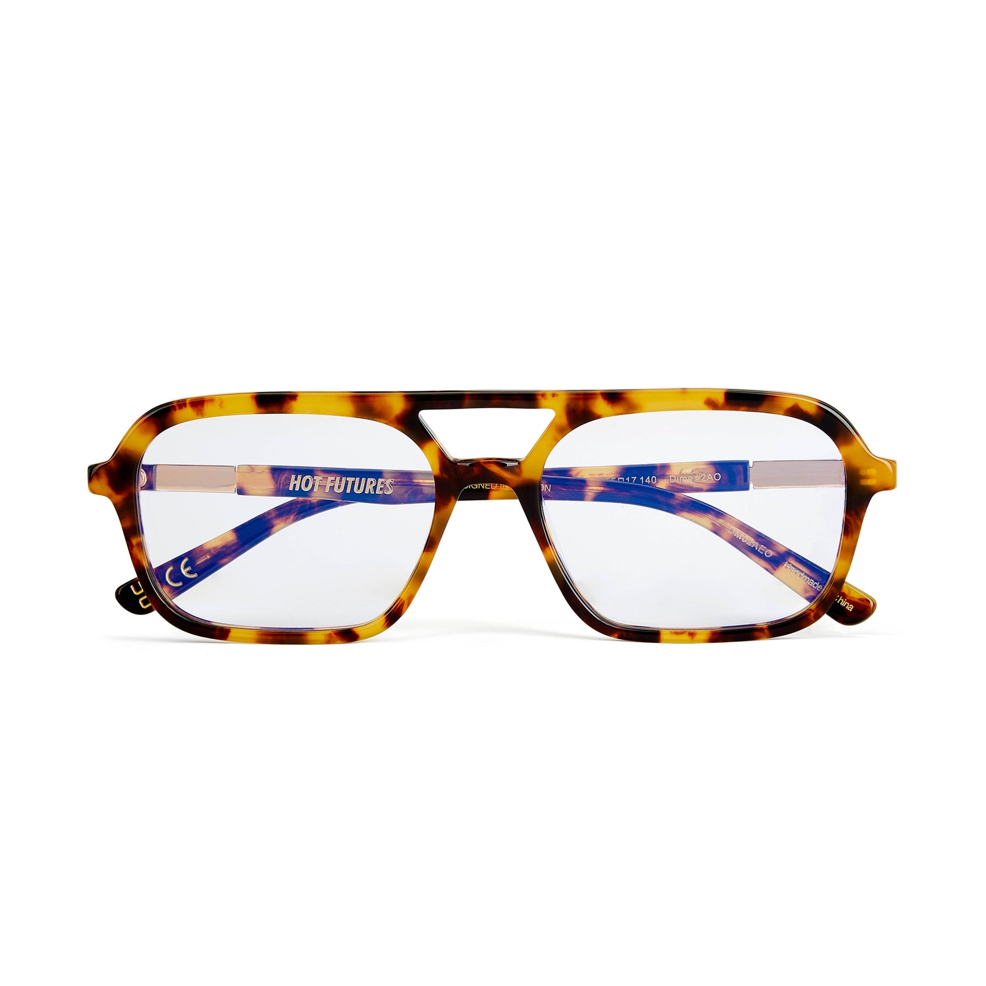 Tortoiseshell eyeglasses with blue accents on a white background