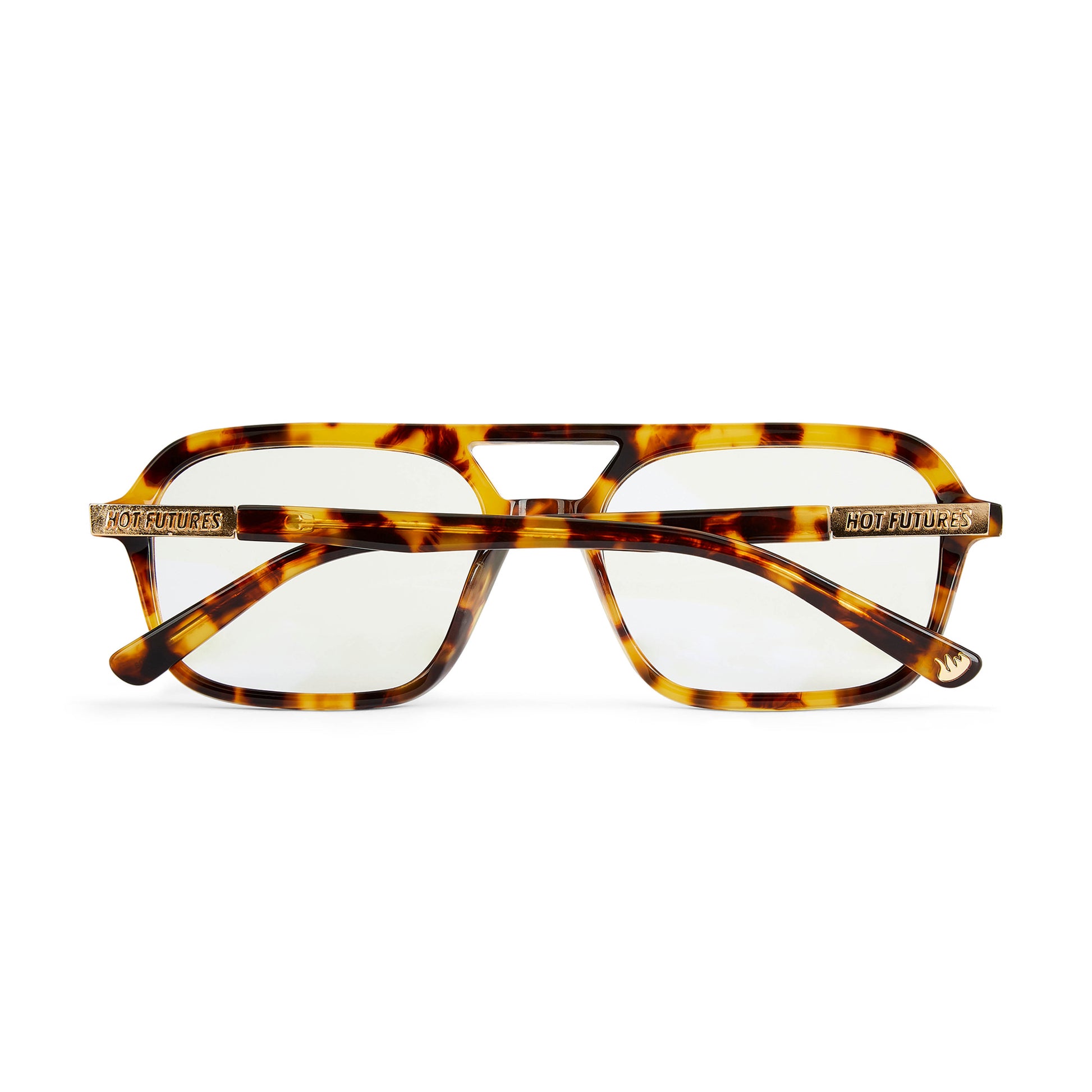 Tortoiseshell eyeglasses with gold accents on a white background